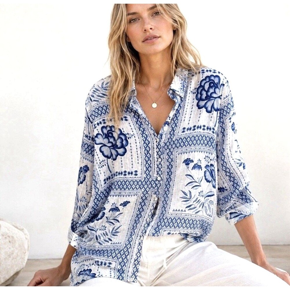 H by Halston Geometric Patchwork Linen Button-Down Shirt Sz Large Blue White